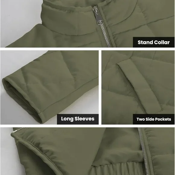 Womens Dolman Quilted Lightweight Jackets Full-zip Stand Collar Loose Warm Winte